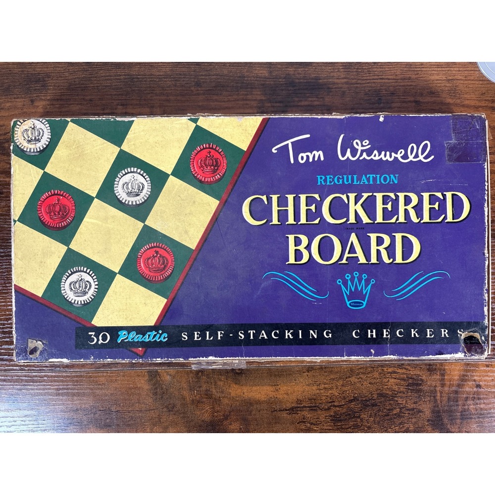Vintage 1954 Tom Wiswell Regulation Checkered Board Whitman 30 Plastic Checkers
